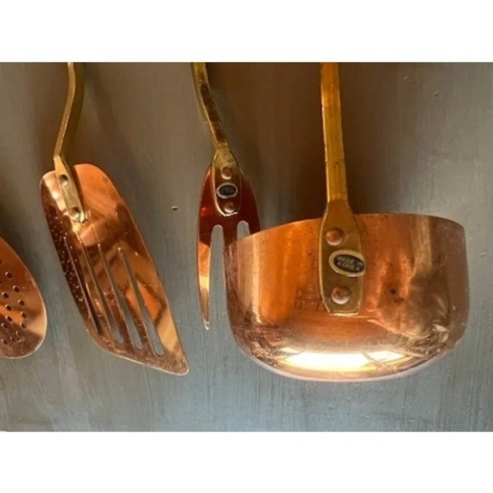 Vintage Copper Brass Kitchen Utensil Set 5pc Korea Patina Rustic Wall Rack